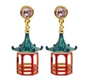 Architecture Hollow Out Pavilion Building And Crystal Enamel Dangle Earrings Jewelry Gift