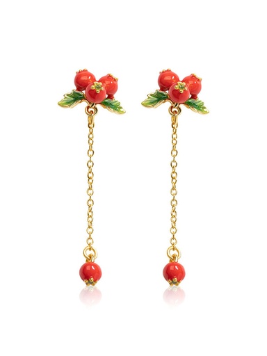 Red Fruit Hawthorn And Green Leaf Tassel Enamel Dangle Earrings Jewelry Gift