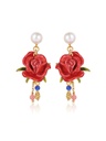 Red Rose Flower And Pearl Enamel Dangle Earrings Jewelry Gift