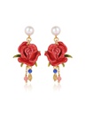 Red Rose Flower And Pearl Enamel Dangle Earrings Jewelry Gift