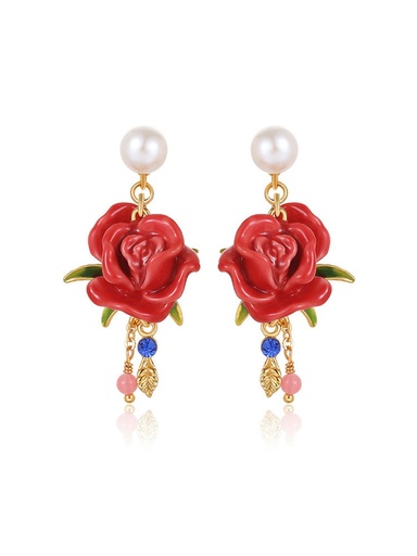 Red Rose Flower And Pearl Enamel Dangle Earrings Jewelry Gift