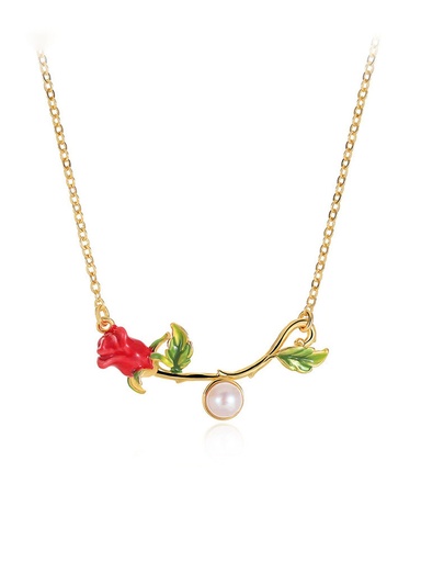 Red Rose Flower Branch With Pearl Enamel Adjustable Collar Necklace Jewelry Gift