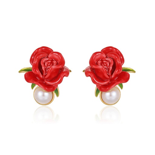 Red Rose Flower And Pearl Enamel Stud Earrings Jewelry Gift