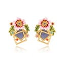 Pink Peach Flower And Leaf Crystal Enamel Stud Earrings Jewelry Gift
