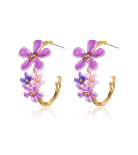 Purple Pink Flower C Shape Enamel Stud Earrings Jewelry Gift