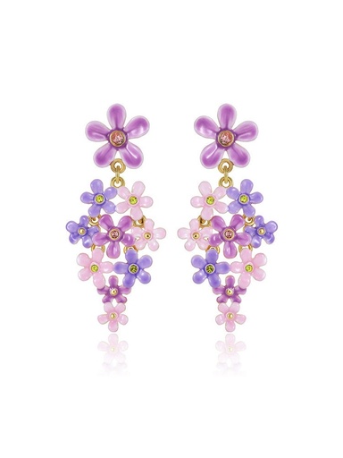 Purple Pink Flower And Crystal Enamel Dangle Earrings Jewelry Gift