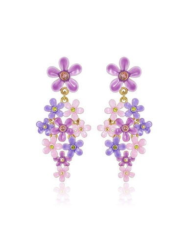 Purple Pink Flower And Crystal Enamel Dangle Earrings Jewelry Gift