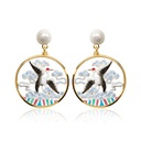 Crane Bird Cloud And Pearl Enamel Dangle Earrings Jewelry Gift