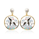 Crane Bird Cloud And Pearl Enamel Dangle Earrings Jewelry Gift