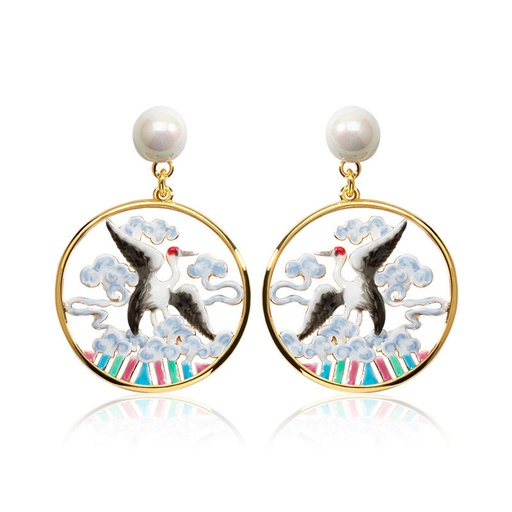 Crane Bird Cloud And Pearl Enamel Dangle Earrings Jewelry Gift