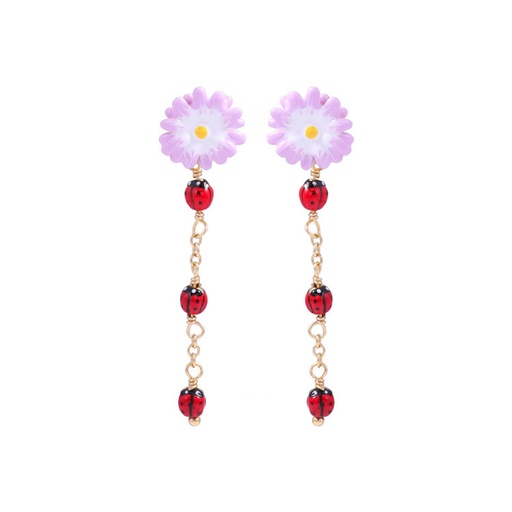 Purple White Daisy Flower And Ladybug Tassel Enamel Stud Earrings Jewelry Gift