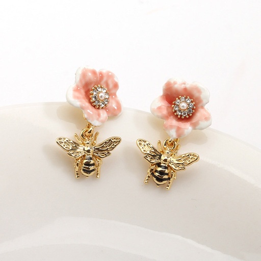 Pink Flower And Bee Enamel Dangle Earrings Jewelry Gift