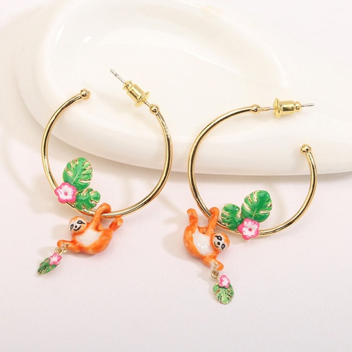 Sloth Green Leaf Pink Flower C Shape Enamel Hoop Earrings Jewelry Gift