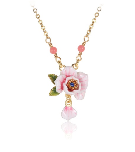 Pink Rose Blossom Flower And Crystal Enamel Pendant Necklace Jewelry Gift
