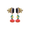 Red Flower Green Leaf And Stone Enamel Earrings