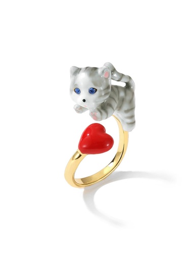 Cat Kitty Kitten Red Heart Enamel Adjustable Ring
