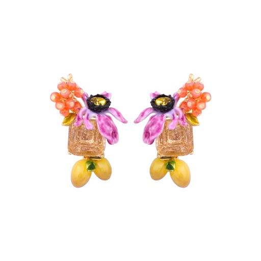 Earrings With Purple Flower On Carved Crystal And Lemons