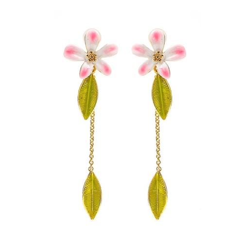 Pink White Cherry Blossom Flower Leaf Enamel Dangle Earrings