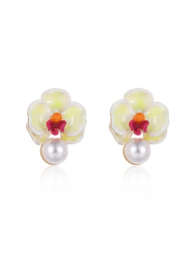 Butterfly Orchid Blossom Flower Pearl Enamel Stud Earrings