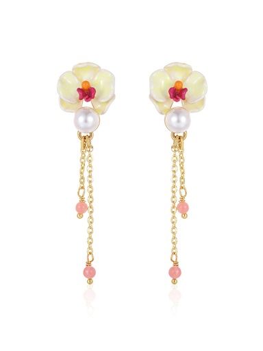 Butterfly Orchid Blossom Flower Pearl Enamel Tassel Earrings