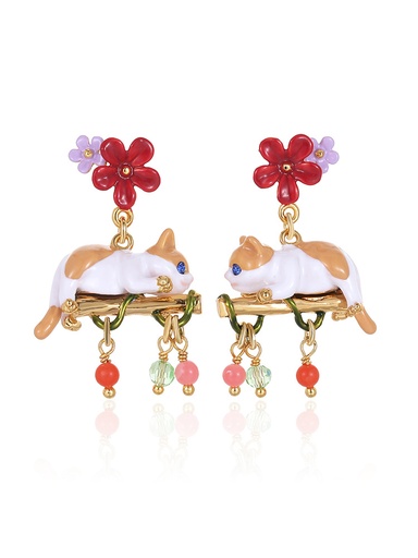 Cat Kitty Kitten Red Purple Flower Enamel Dangle Earrings