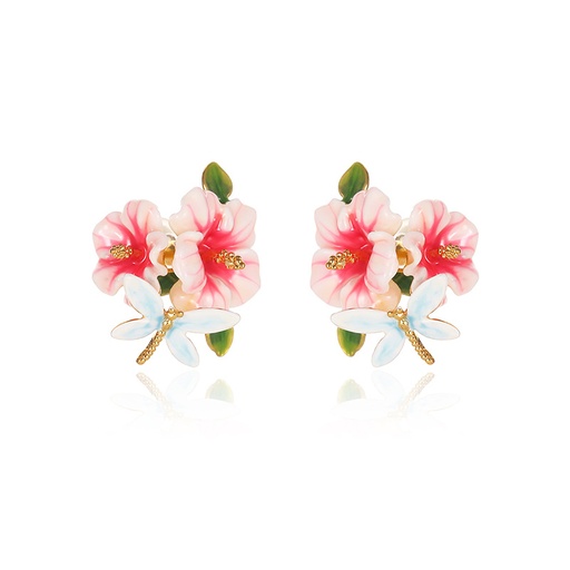 Pink Flower And Dragonfly Enamel Stud Earrings