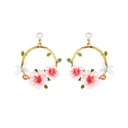 Pink Flower And Dragonfly Hoop Pearl Enamel Dangle Earrings