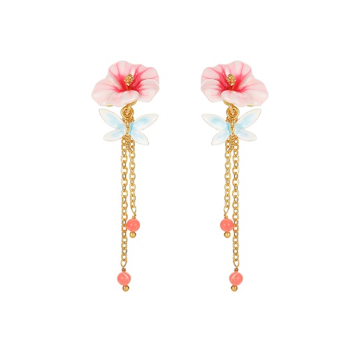 Pink Flower And Dragonfly Tassel Enamel Dangle Earrings Jewelry Gift