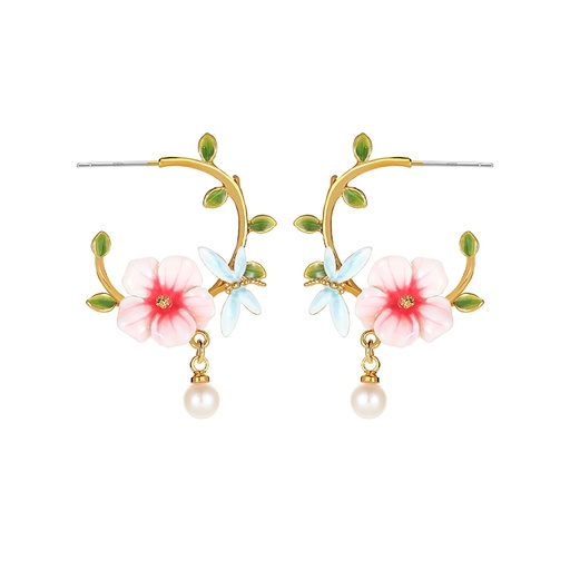 Pink Flower And Dragonfly Pearl C Shape Enamel Hoop Earrings
