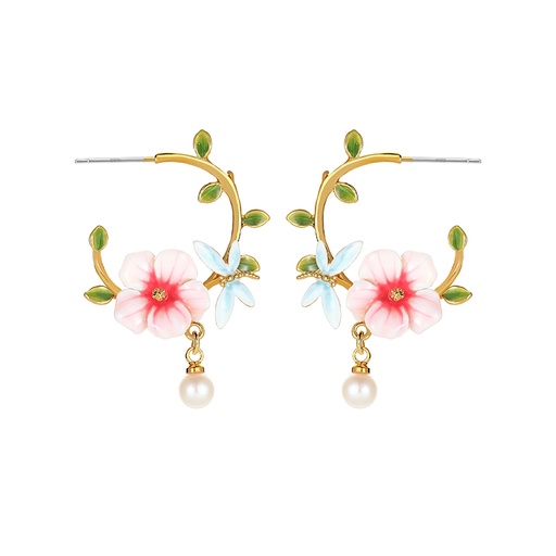 Pink Flower And Dragonfly Pearl C Shape Enamel Hoop Earrings