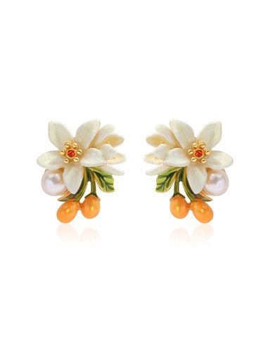 Orange Blossom Flower Kumquat Pearl Enamel Stud Earrings Jewelry Gift