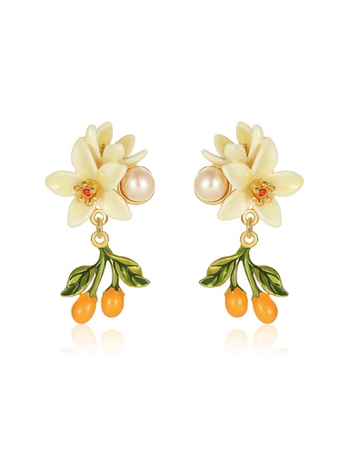Orange Blossom Flower Kumquat Pearl Enamel Dangle Earrings