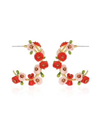 Pink Red Flower C Shape Enamel Stud Earrings Jewelry Gift