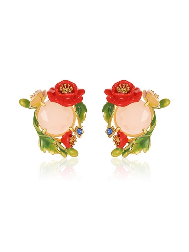 Pink Red Flower And Stone Crystal Enamel Stud Earrings