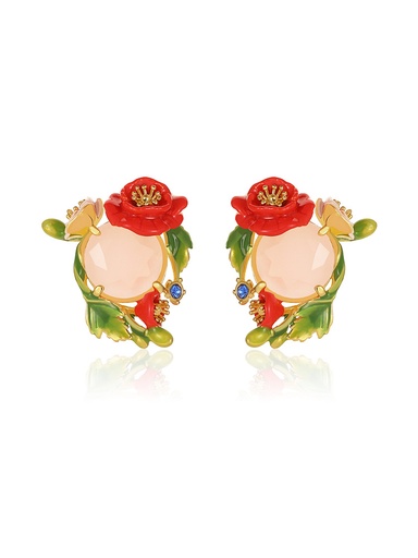 Pink Red Flower And Stone Crystal Enamel Stud Earrings