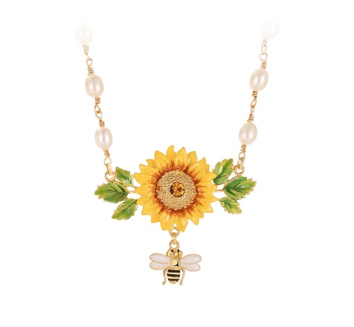 Yellow Sunflower And Bee Pearl Enamel Pendant Necklace Jewelry Gift