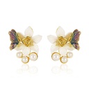Flower With Butterfly And Pearl Enamel Stud Earrings Jewelry Gift