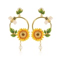Sunflower Bee And Crystal Pearl Enamel Dangle Earrings Jewelry Gift