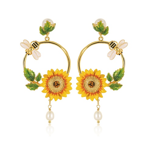 Sunflower Bee And Crystal Pearl Enamel Dangle Earrings Jewelry Gift