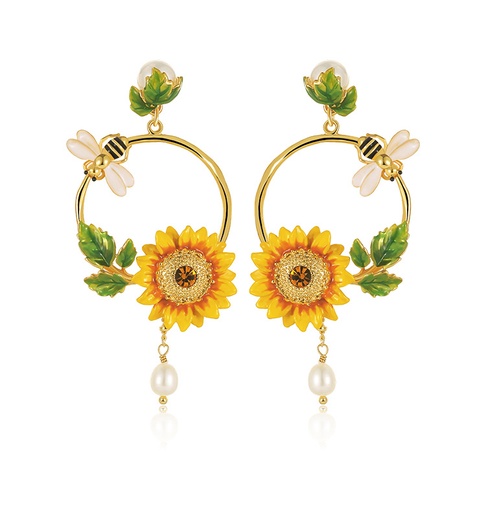 Sunflower Bee And Crystal Pearl Enamel Dangle Earrings Jewelry Gift