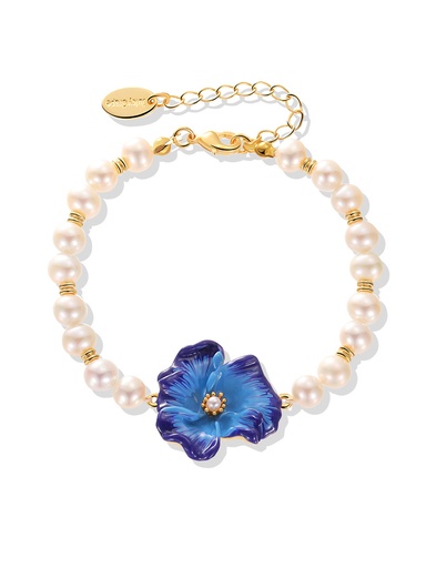 Blue Flower Enamel Pearl Strand Bracelet Handmade Gift