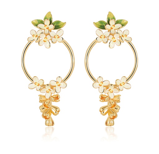 Flower And Green Leaf Enamel Dangle Earrings Jewelry Gift