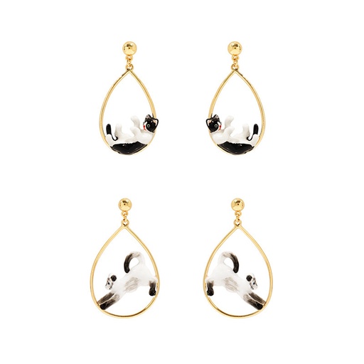 White And Black Cat Kitty Kitten Enamel Dangle Earrings