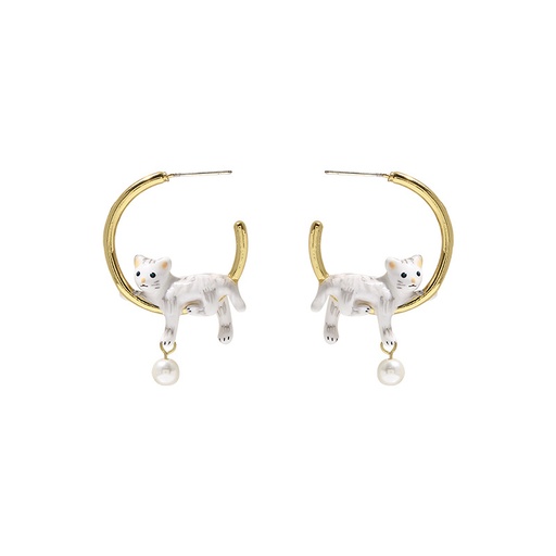 White Cat Kitty Kitten With Pearl Enamel C Shape Earrings