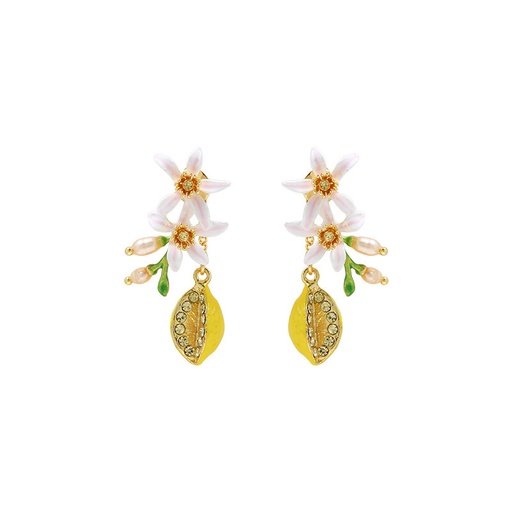 Flower Blossom And Lemon Enamel Dangle Earrings