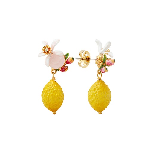 Lemon Flower Blossom And Stone Enamel Dangle Earrings