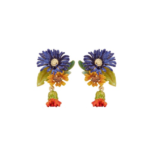 Blue Orange Flower With Crystal Enamel Dangle Earrings
