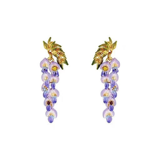 Purple Flower Blosssom Wisteria Enamel Dangle Earrings