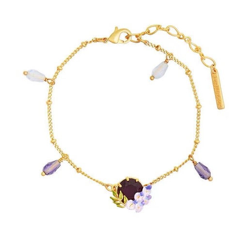 Purple Flower Blosssom Wisteria And Crystal Enamel Thin Bracelet