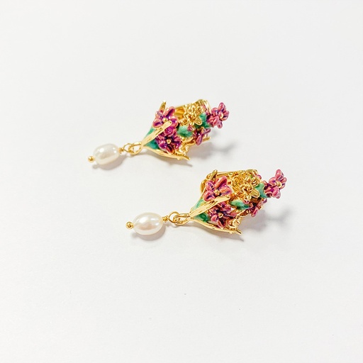 Lavender Purple Flower And Pearl Enamel Dangle Earrings